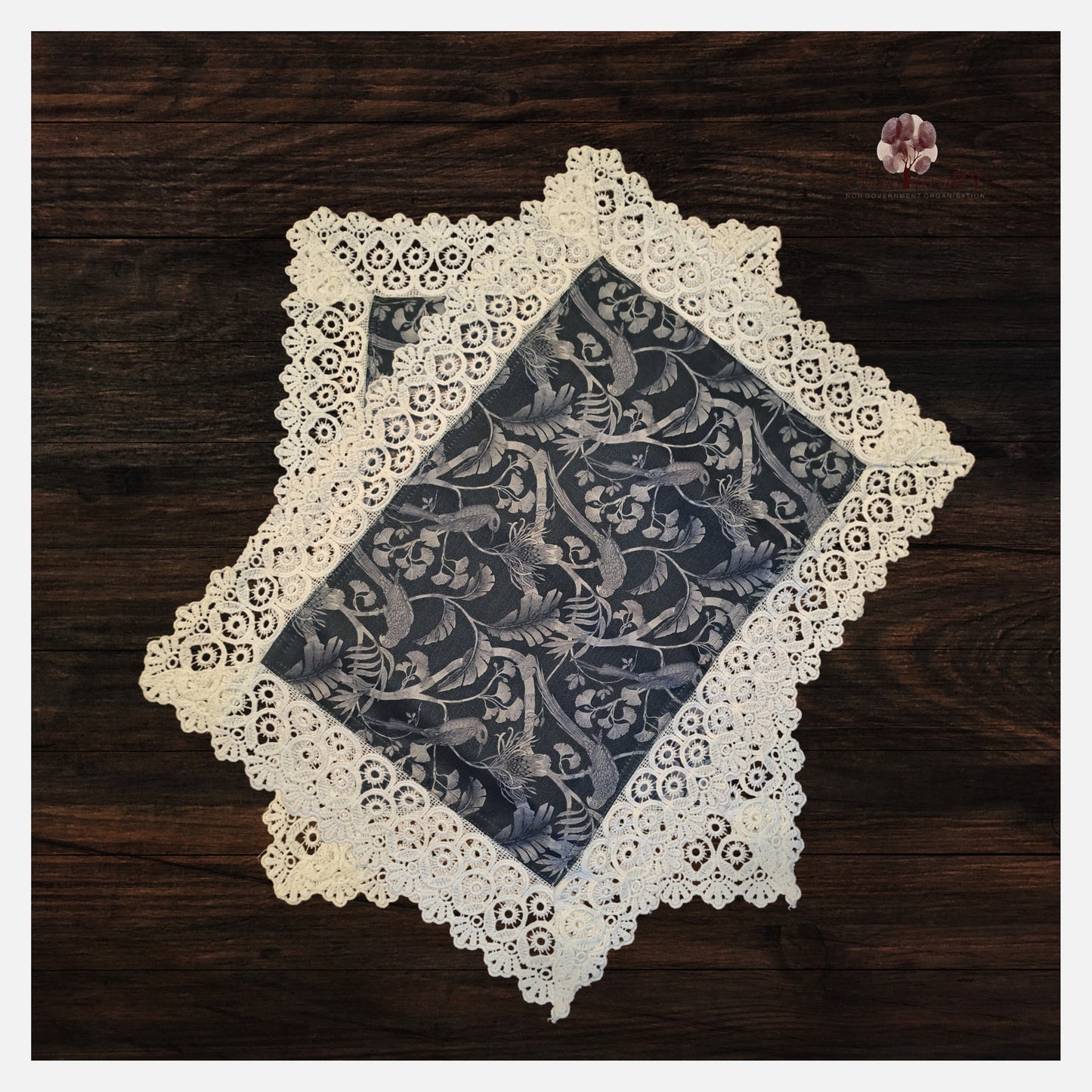 Victorian Print Silk Placemats with very Fine Lace Edgings