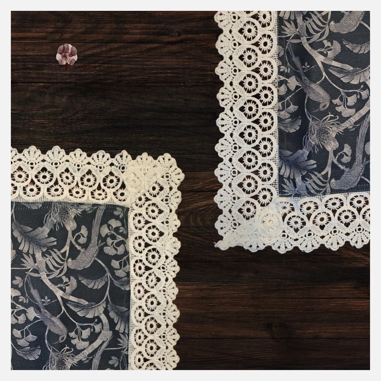 Victorian Print Silk Placemats with very Fine Lace Edgings