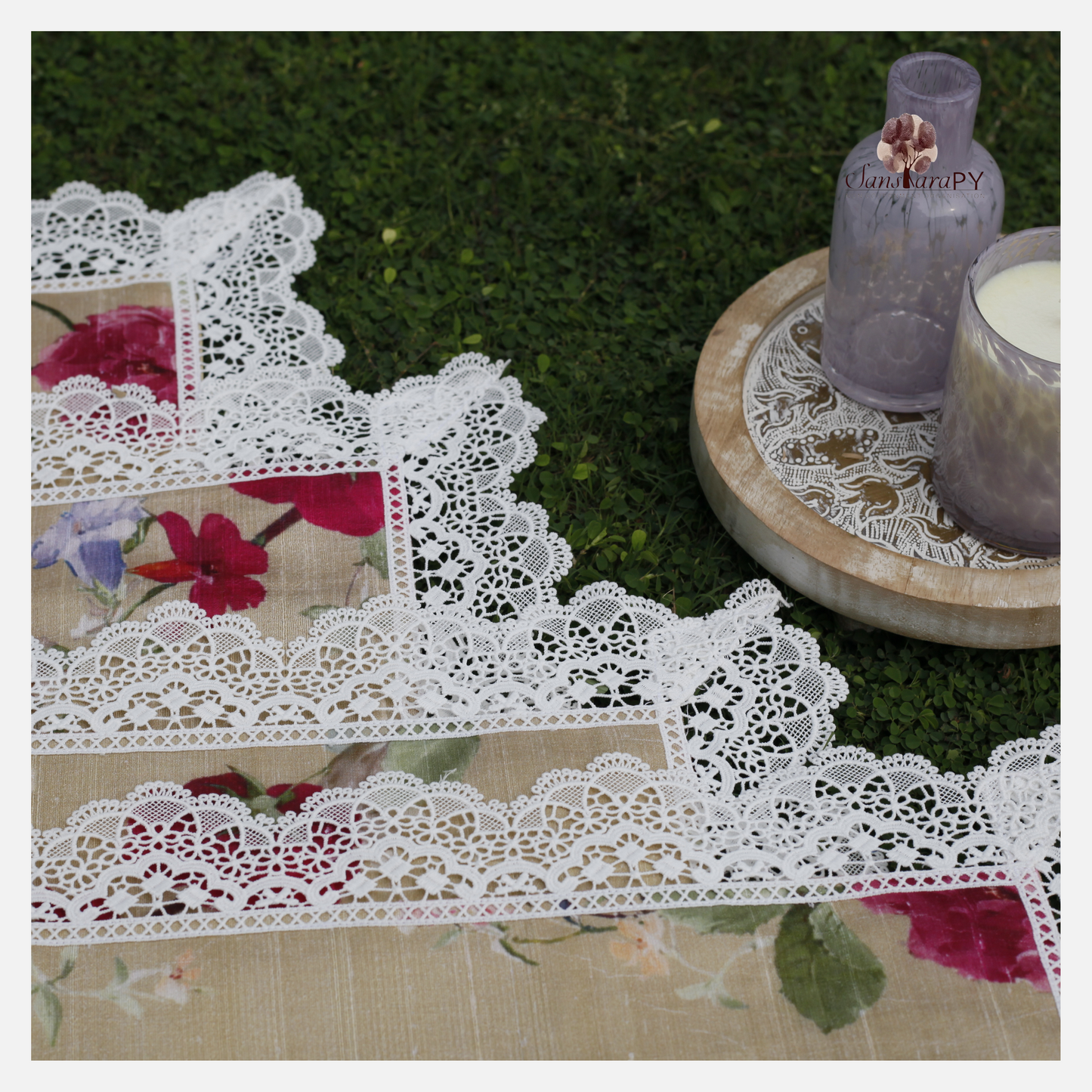 Floral Silk Placemats with Fine Lace Borders