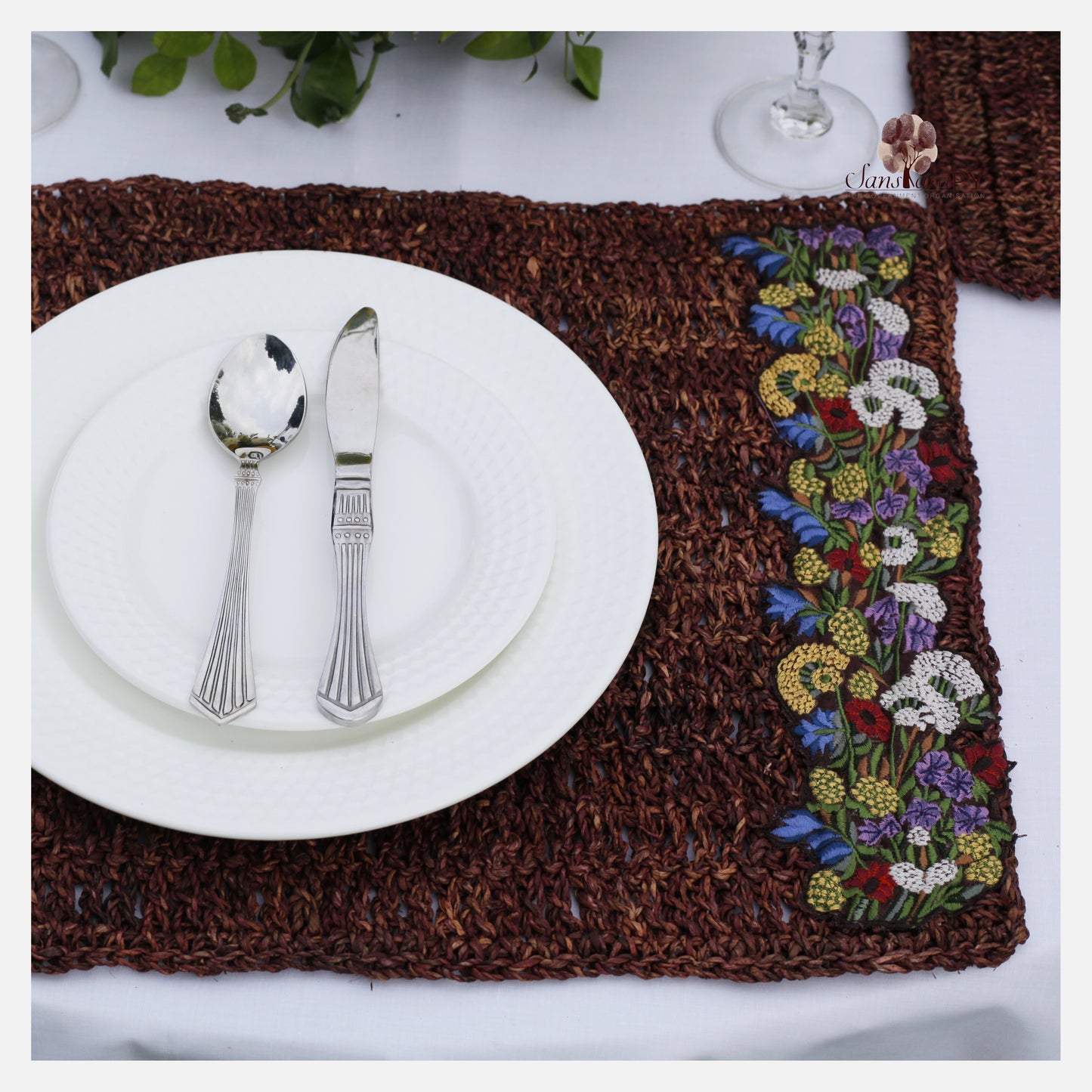 Banana Fiber Placemats with Embroidery, Brown Color