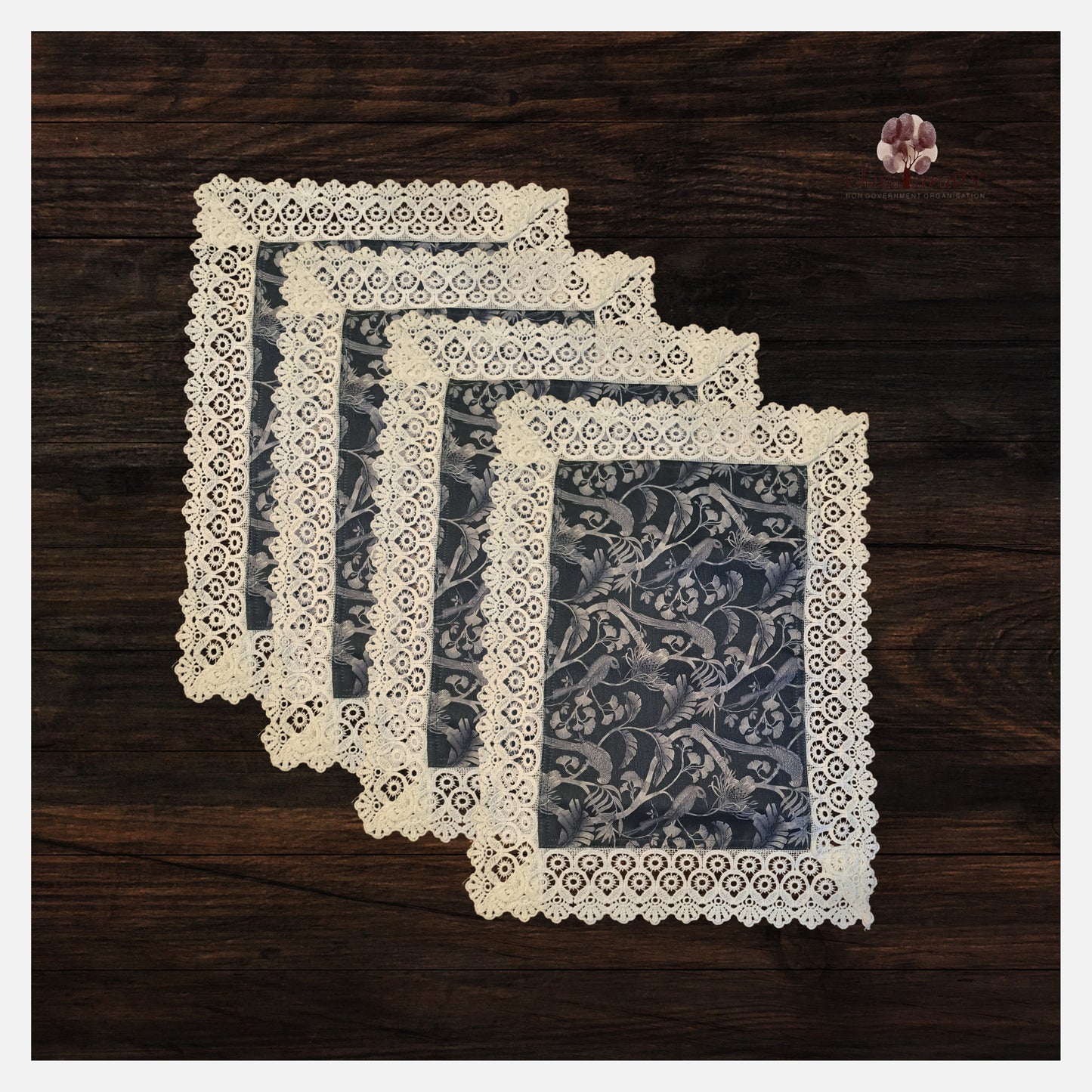 Victorian Print Silk Placemats with very Fine Lace Edgings