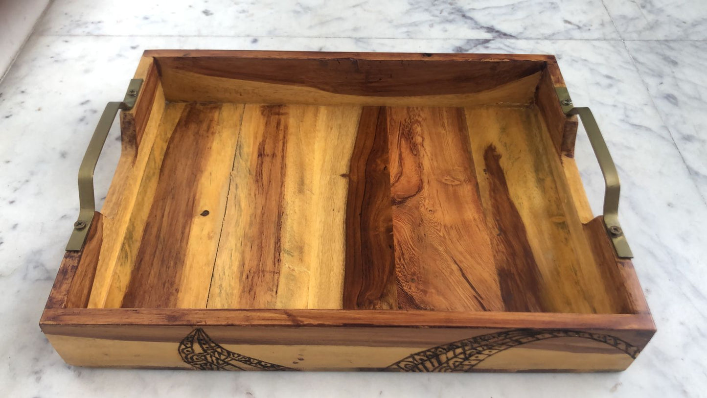 Wooden Tray with Solid Brass Handles. Heighted by Pyrogravure Etchings.
