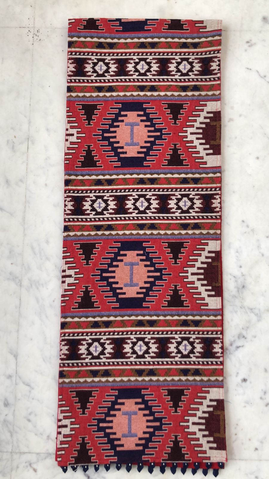 Handloom Runner (Red Print with Navy Blue Border with Pearl)