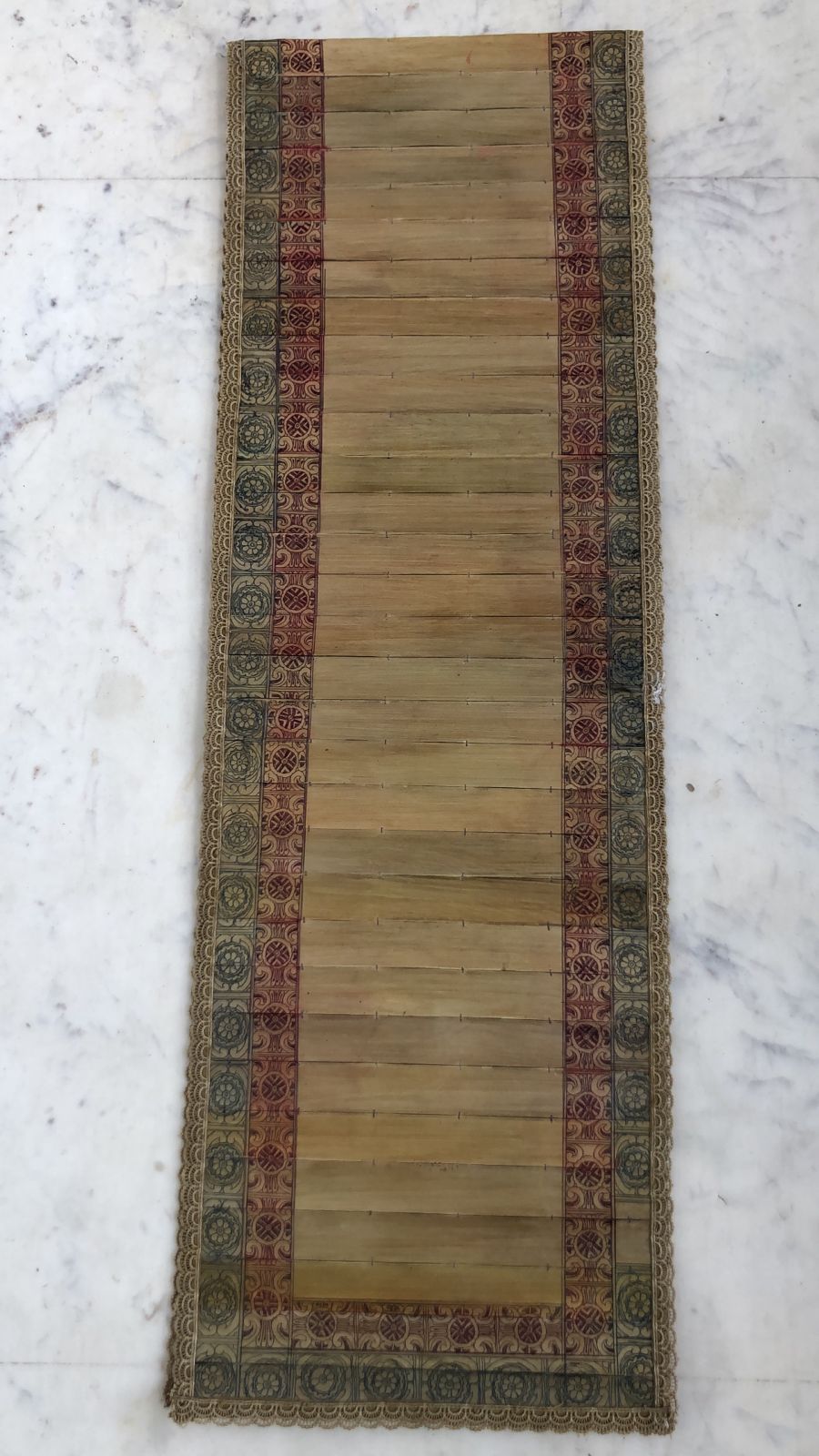 Palm Leaf Runner with Hand Etched Colored borders, Trimmed with Fine Lace.