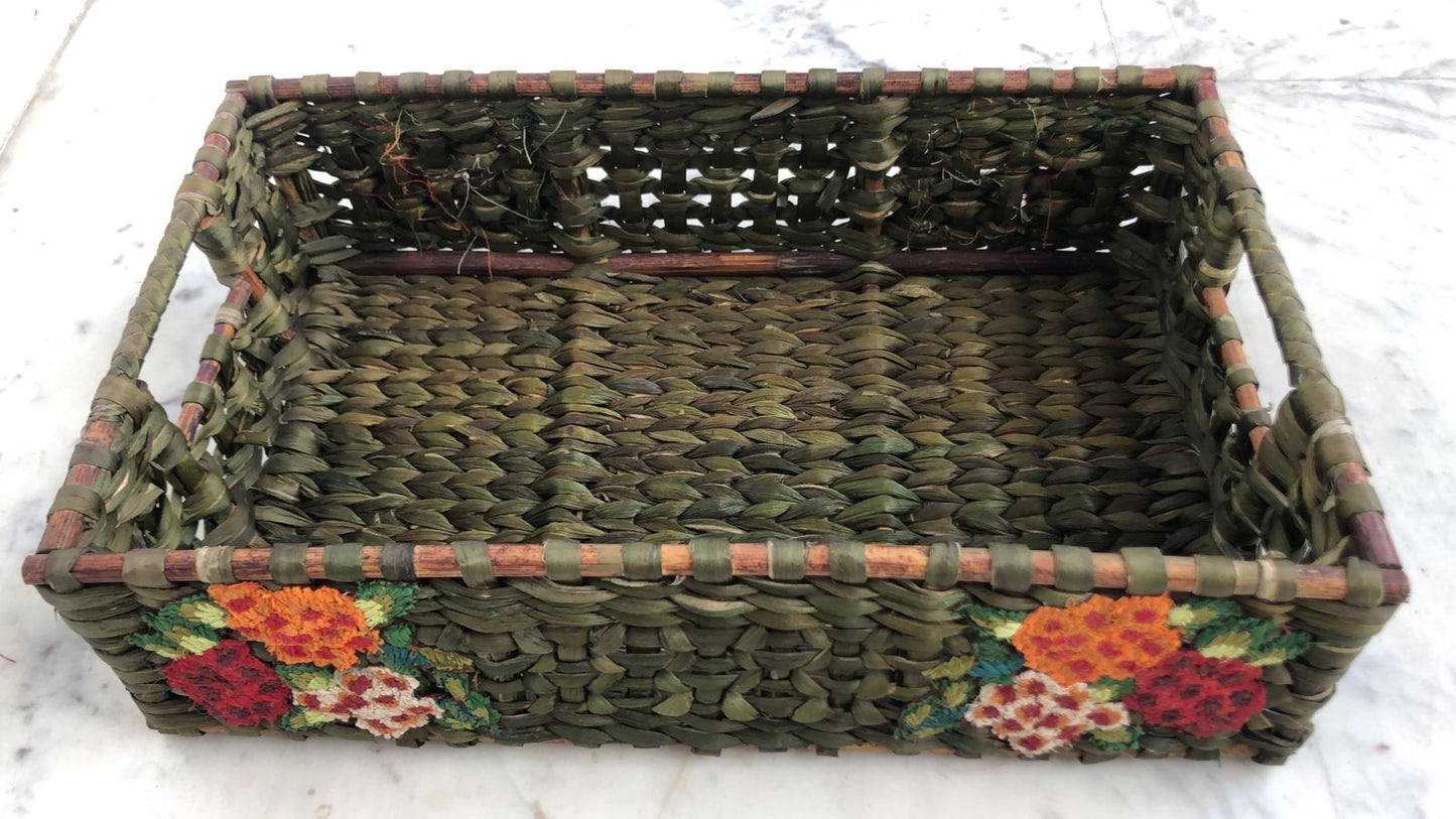 Water Reed Baskets with Floral Embroidery. Large Size Green Color