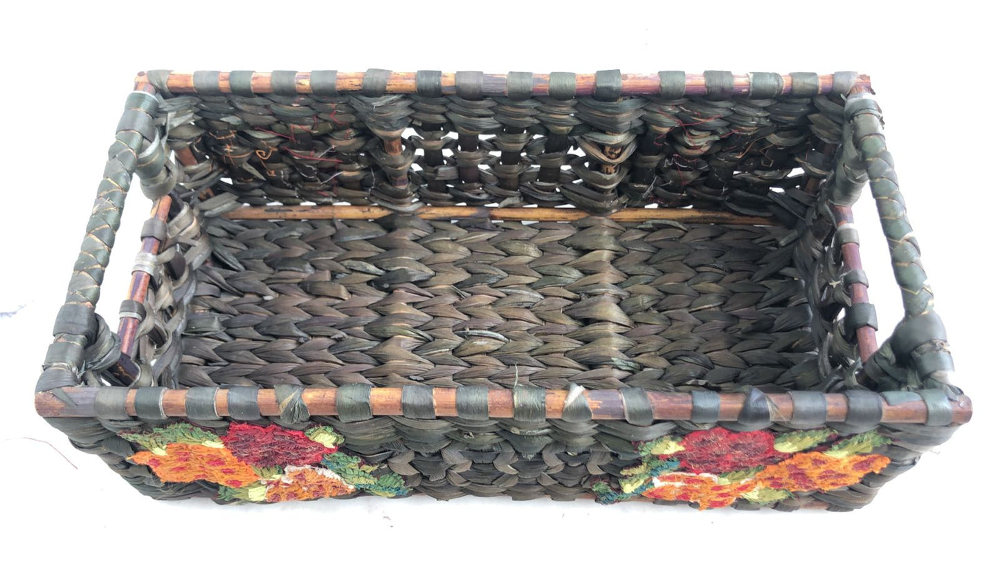 Water Reed Baskets with Floral Embroidery. Medium Size Green Color