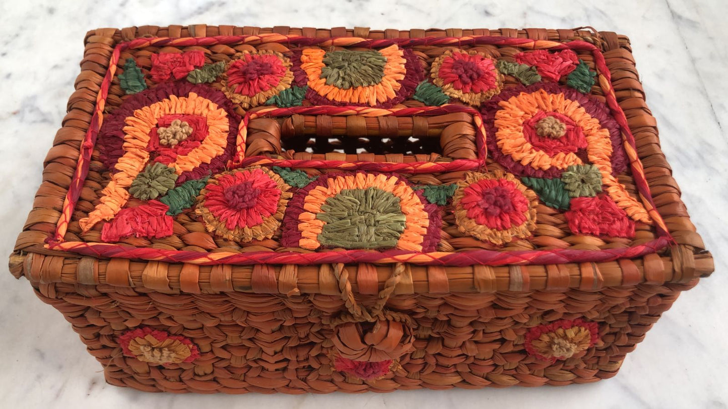 Handmade Water Reed's Tissue Box with Embroidery, Orange Color
