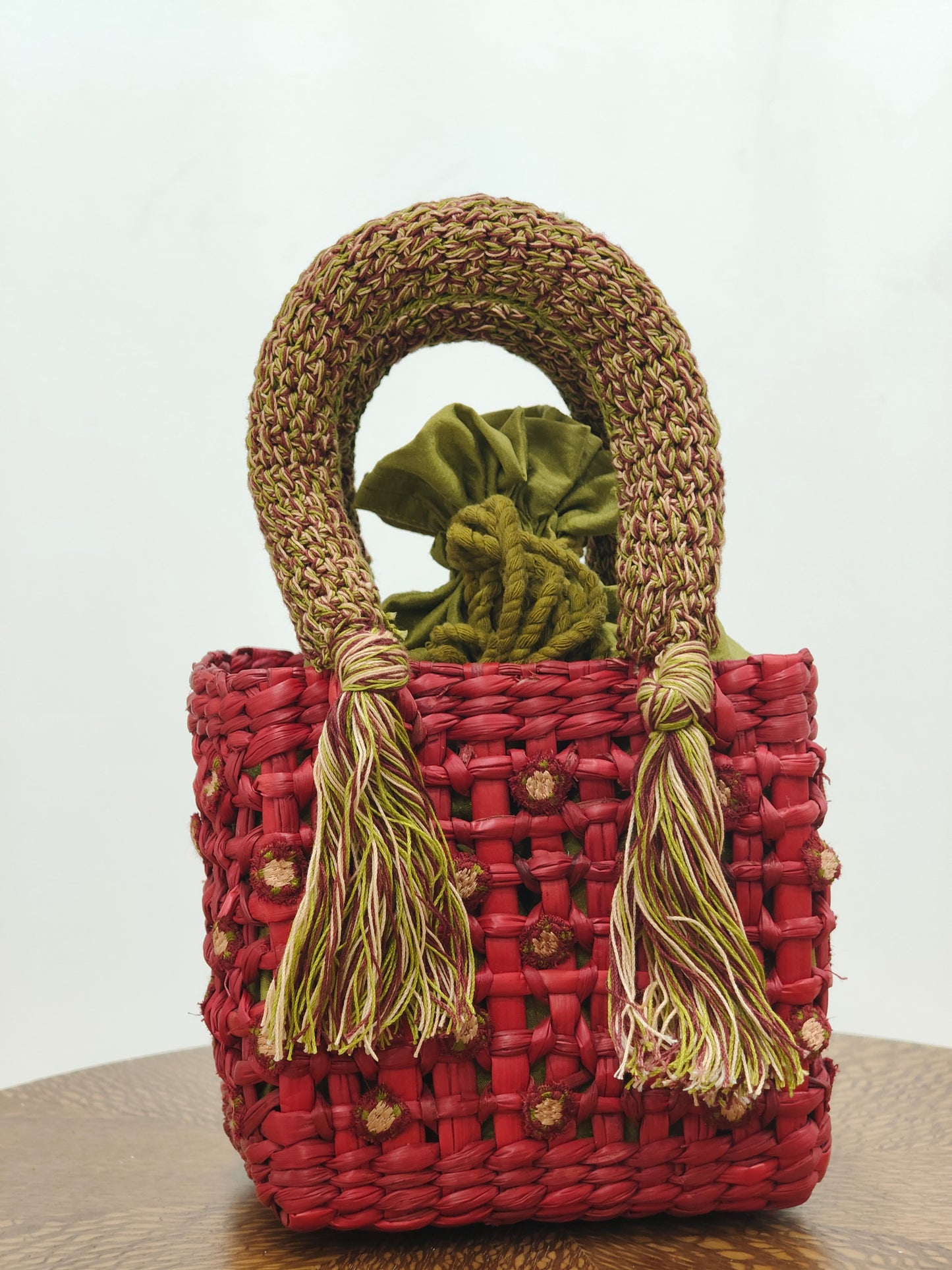 Water Reed Small Red Handbag with Embroidery & Crosia Work