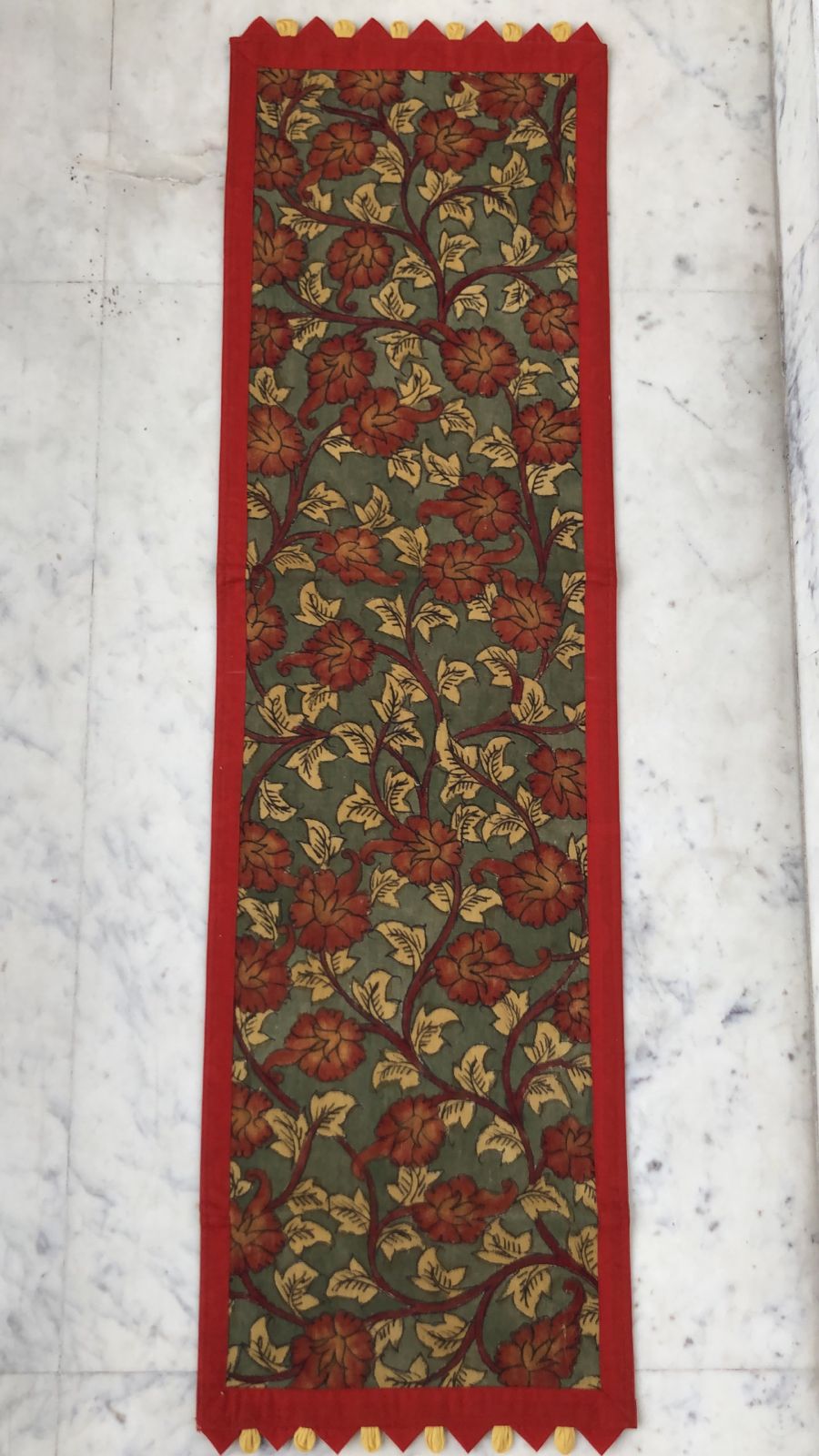 Kalamkari on Mehandi Color Runner with Red Flowers