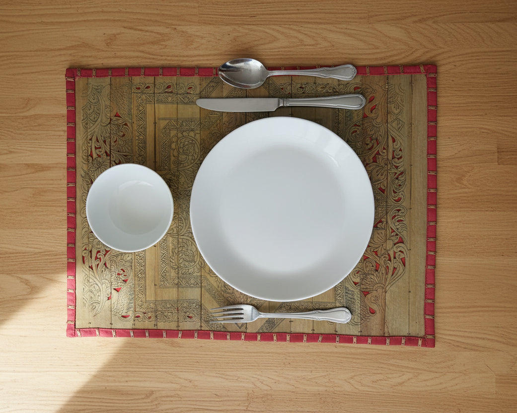 Decorative mat with intricate patterns on a marble surface