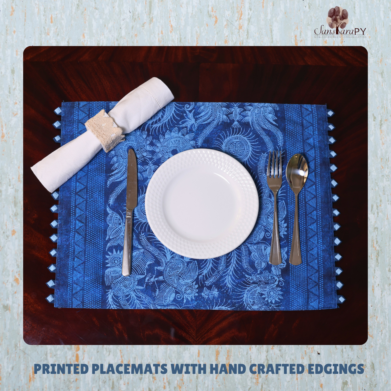 Printed Placemats with Hand Crafted Edgings Blue Color
