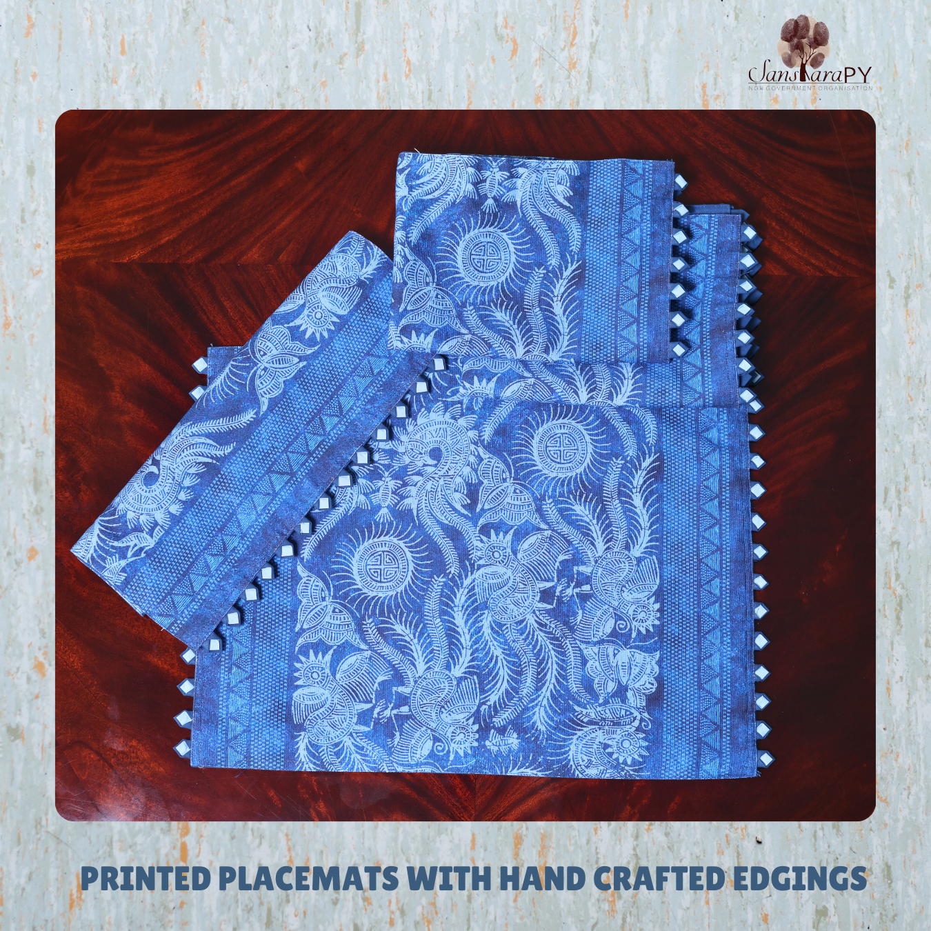 Printed Placemats with Hand Crafted Edgings Blue Color
