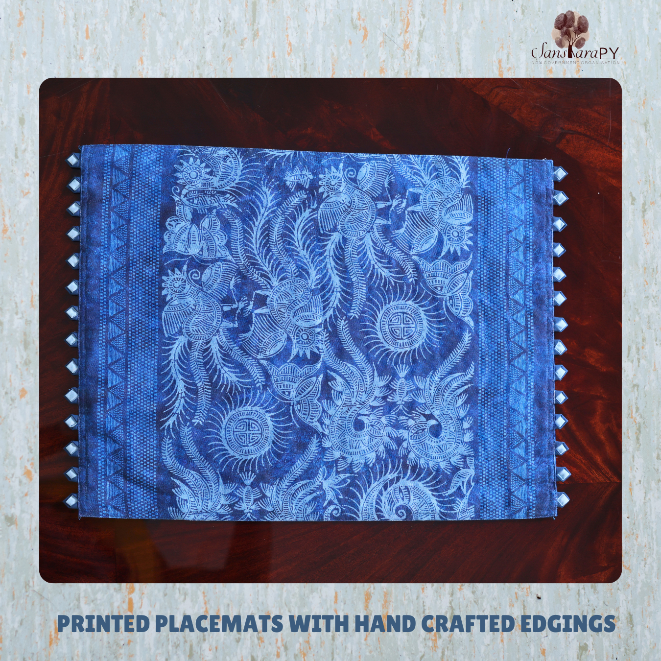 Printed Placemats with Hand Crafted Edgings Blue Color