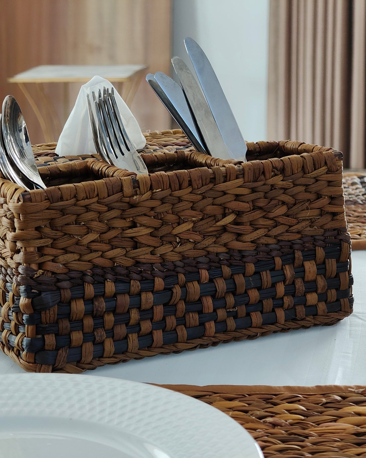 Water Reed Cutlery Stand (Brown & Black Color)