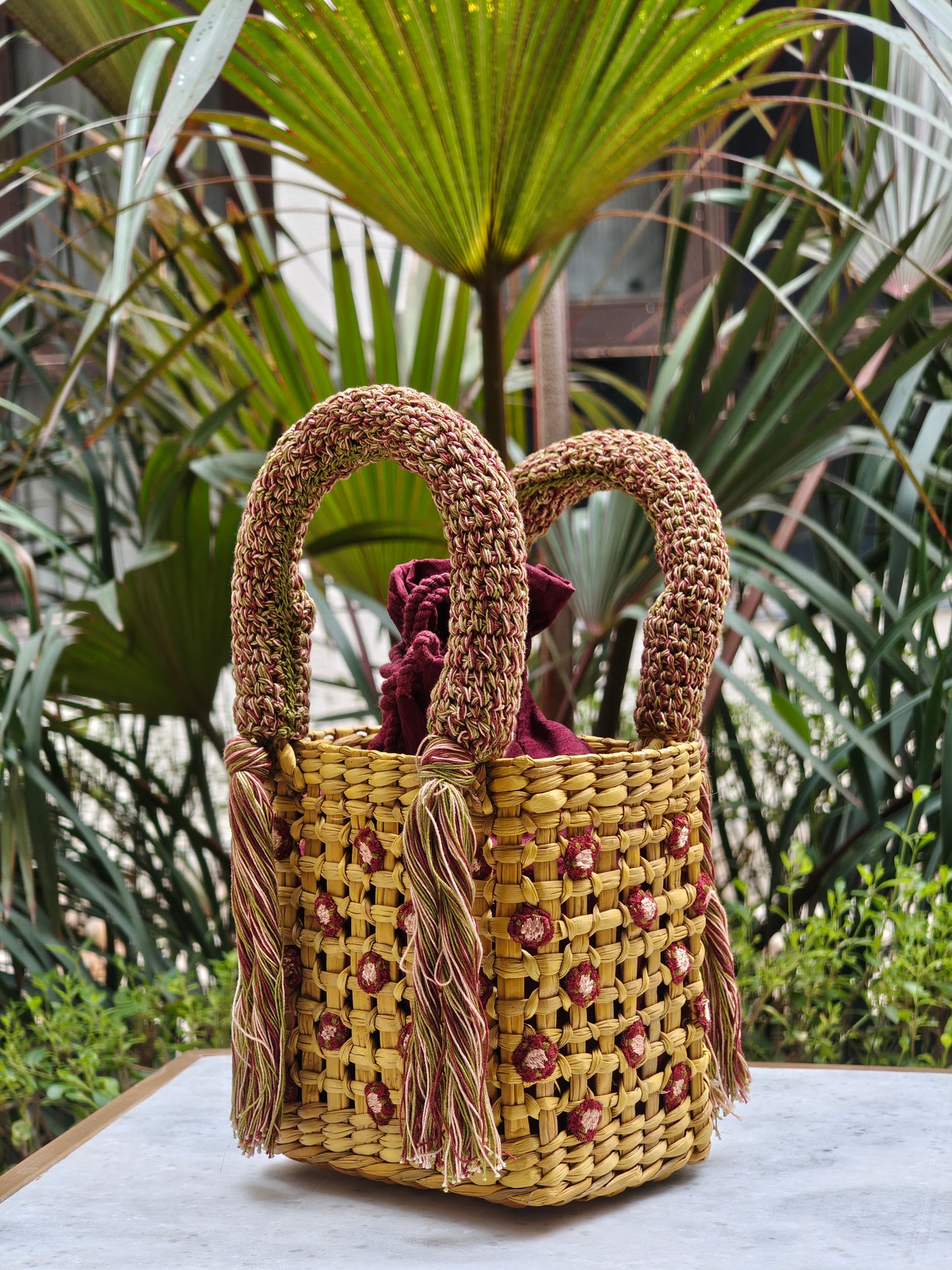 Water Reed Yellow Small Handbag with Embroidery & Crosia Work
