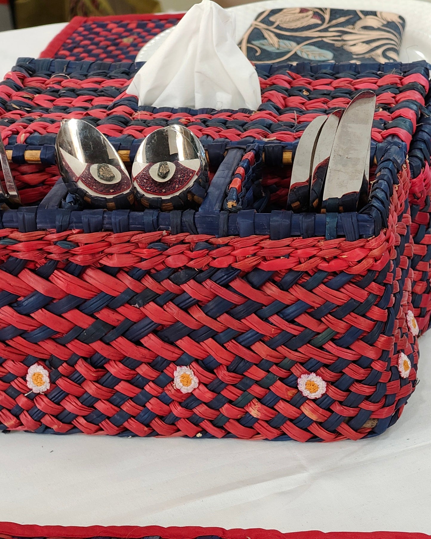 Water Reed Cutlery Stand with Embroidery (Red & Blue Color)