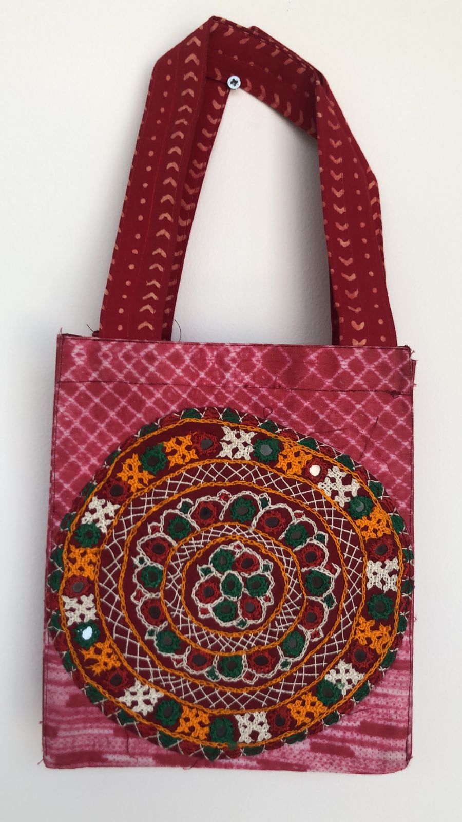 Shibori Bag with Mirror Work. Pink Color
