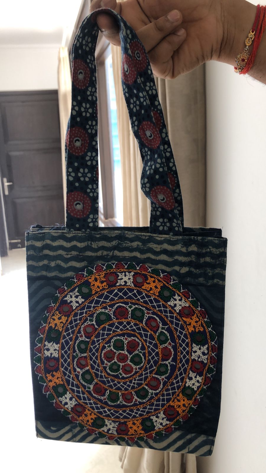 Shibori Bag with Mirror Work. Blue Color