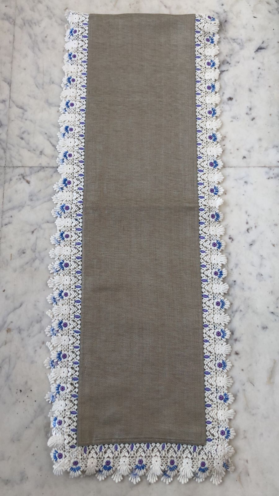Silk Runner Edged with Sky Blue & Light Purple Embroidery on Lace