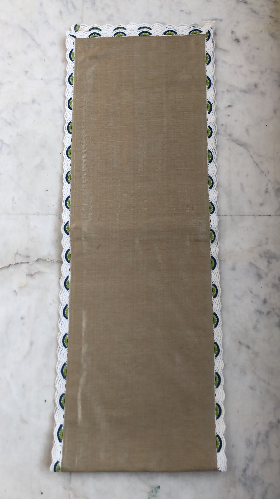 Silk Runner Edged with Blue & Light Green Embroidery on Lace