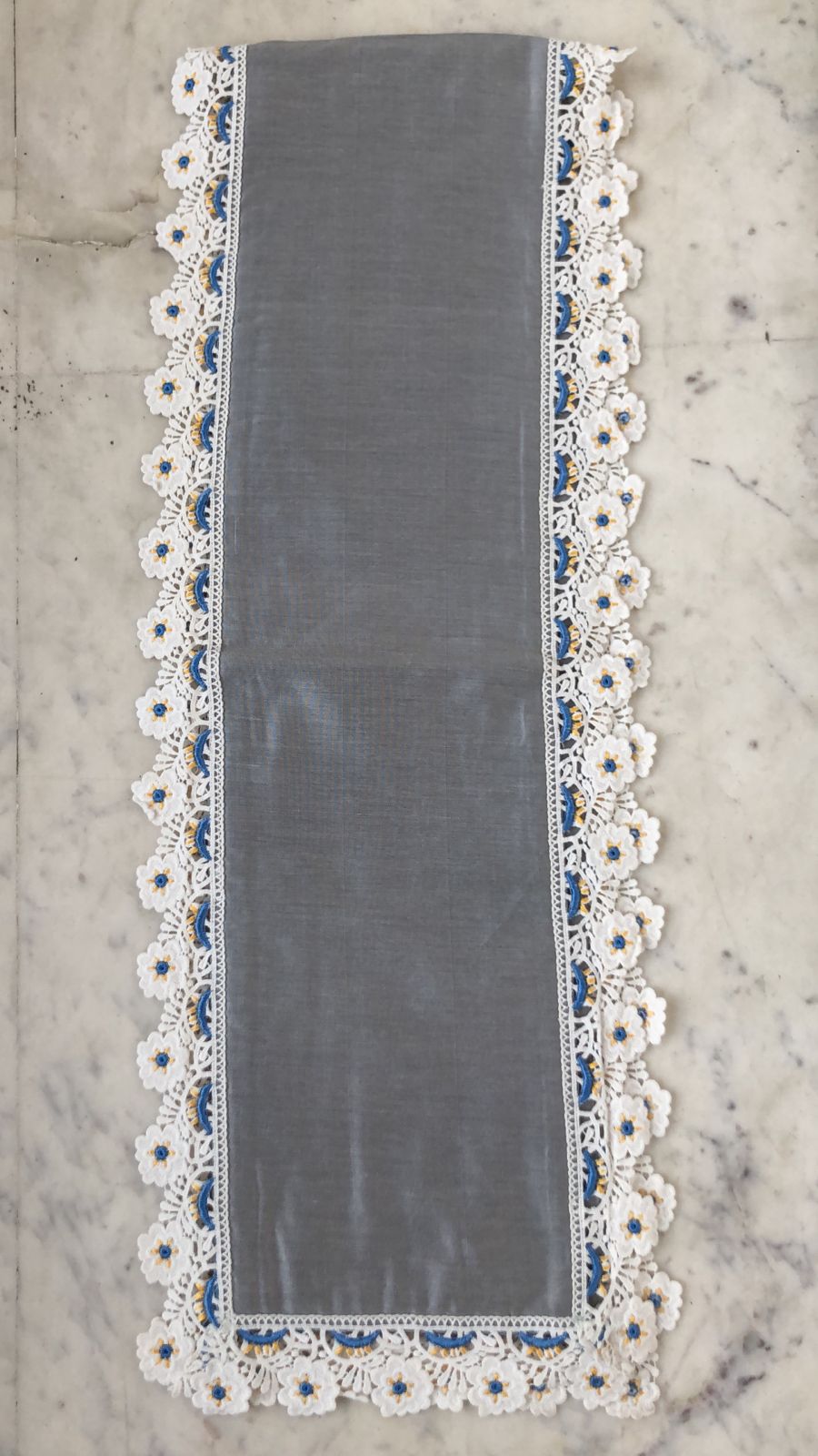 Silk Runner Edged with Yellow & Sky-Blue Embroidery on Lace