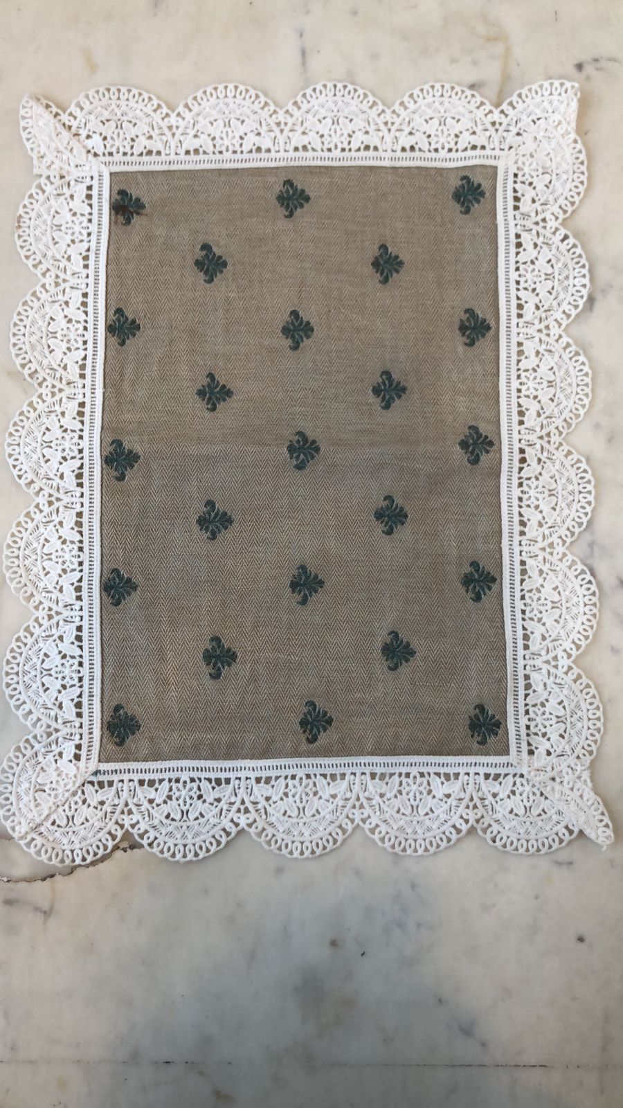 Victorian Green Embroidery on Silk Placemats with Fine Lace Edging