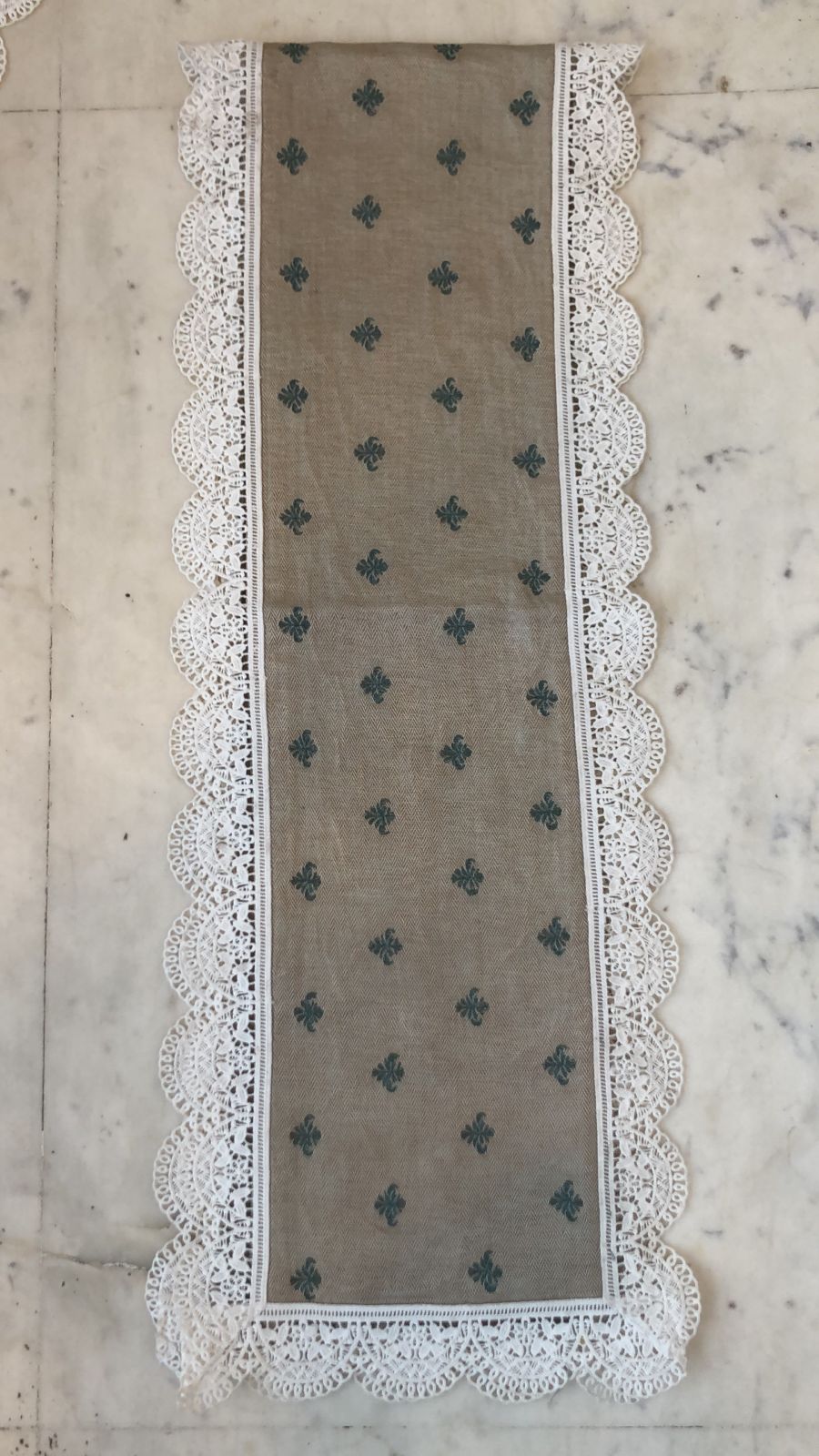 Victorian Green Embroidery on Silk Runner with Fine Lace Edging