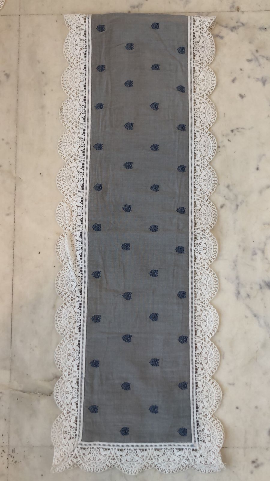 Victorian Blue Embroidery on Silk Runner with Fine Lace Edging