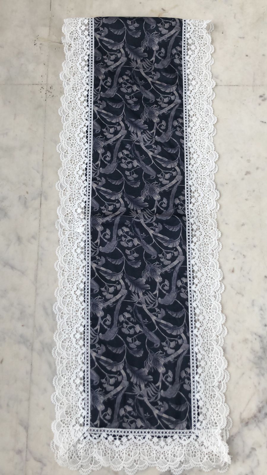 Victorian Print Silk Runner with Very Fine Lace Edging