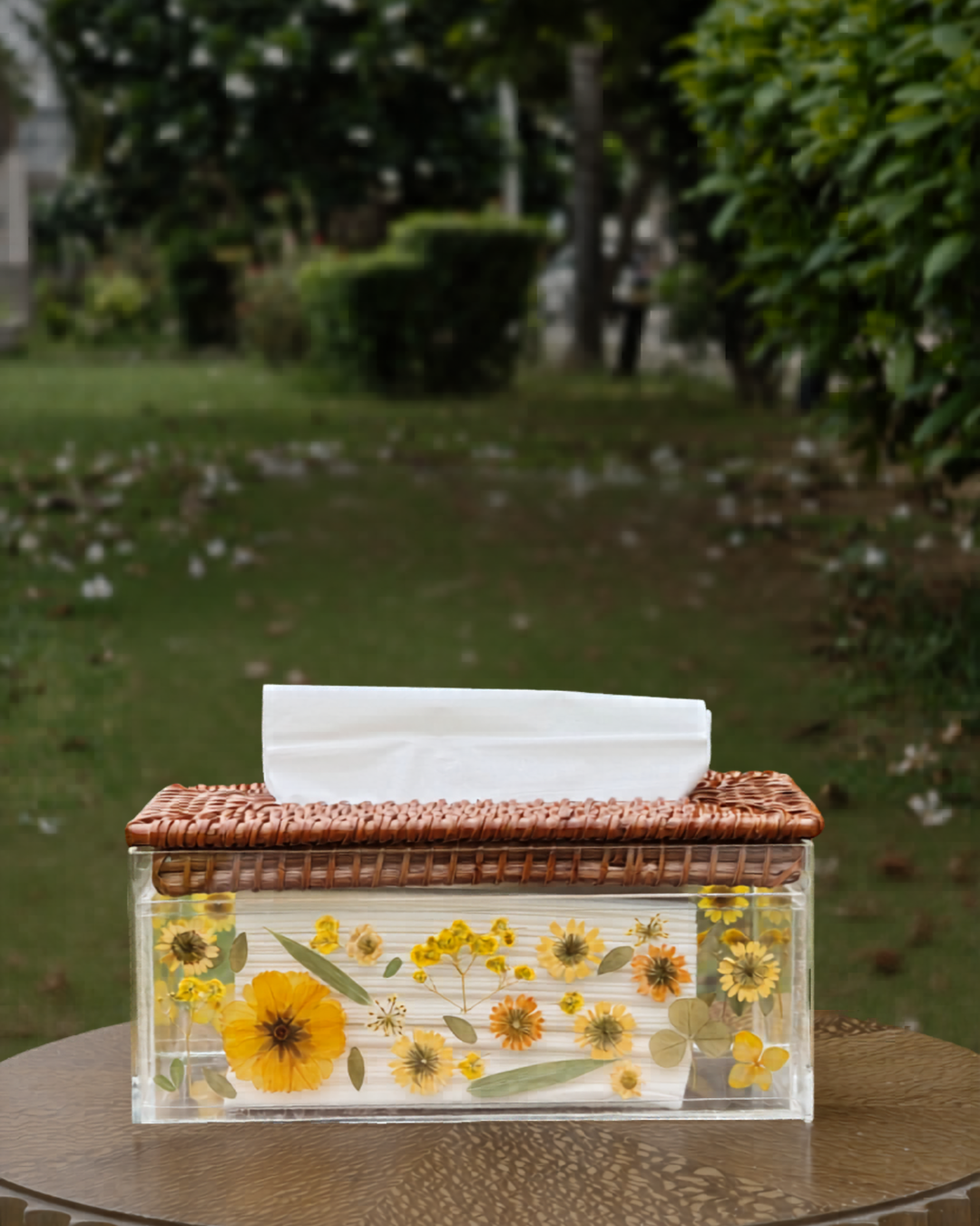 Yellow Oshibana tissue box with pressed flower design, handcrafted by Indian artisans