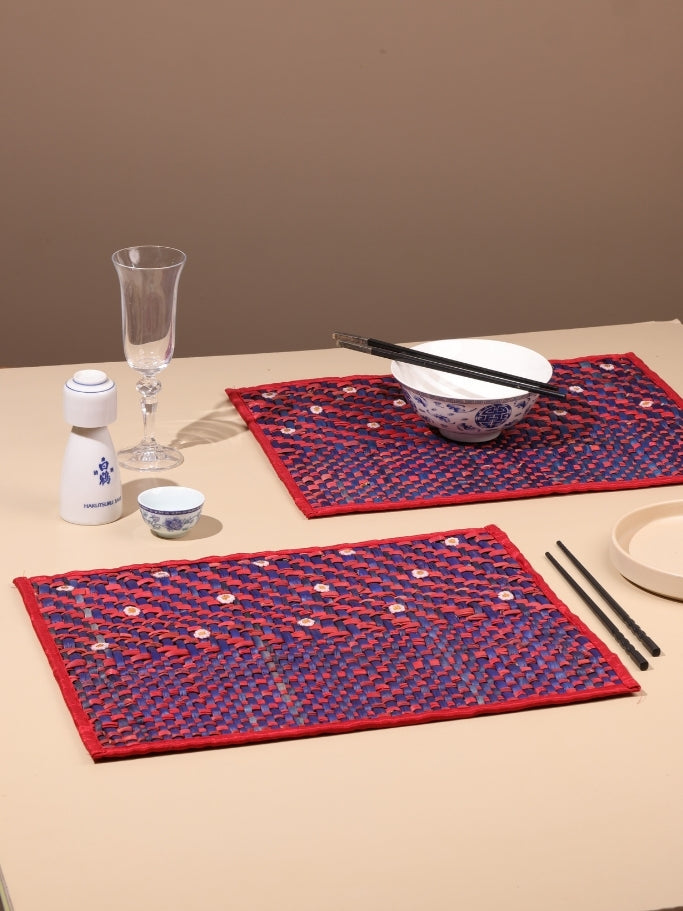 Water Reed Placemat with Embroidery (Red & Blue Color)