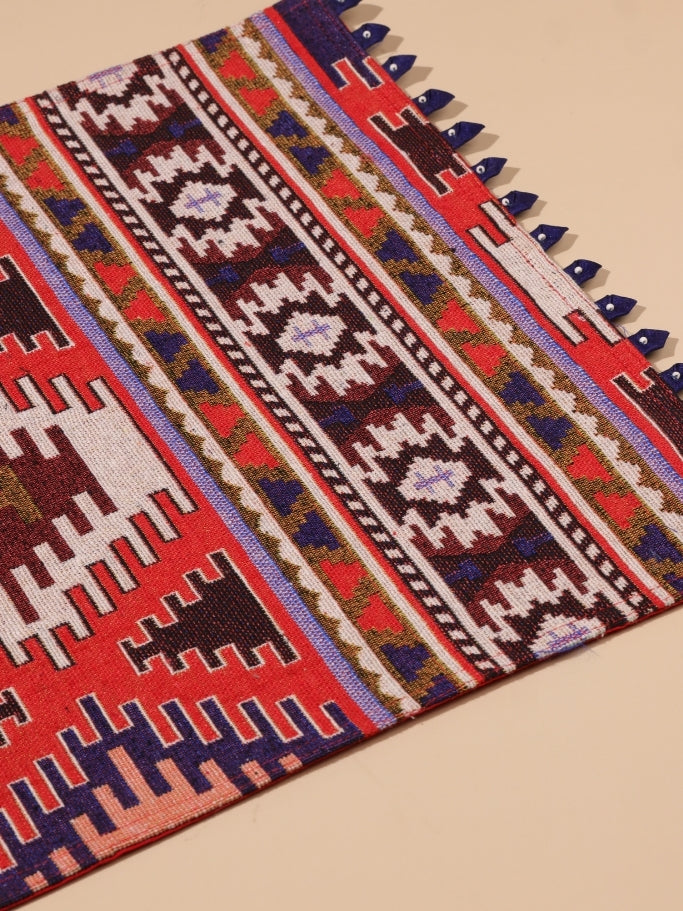 Handloom Placemats (Red Print with Navy Blue Border with Pearl)
