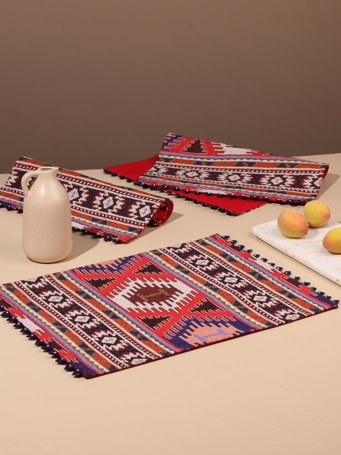 Handloom Placemats (Red Print with Navy Blue Border with Pearl)