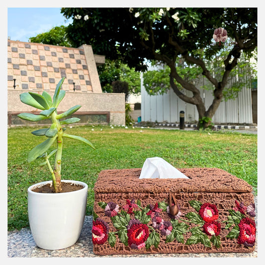 Crochet Tissue Box with Embroidery, Light Brown