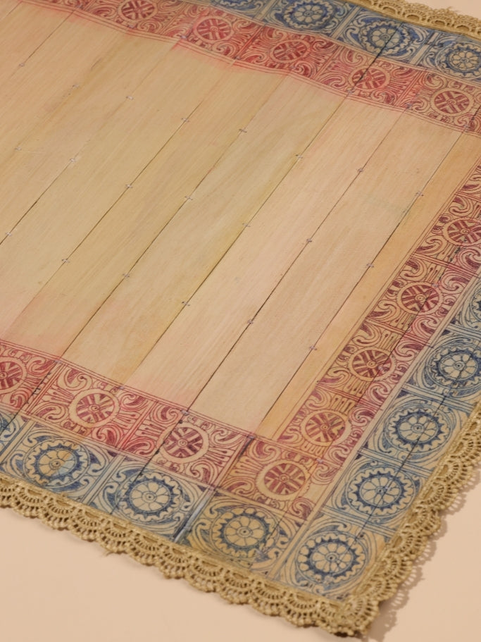 Palm Leaf Placemats with Hand Etched Colored Borders, Trimmed with Fine Lace.