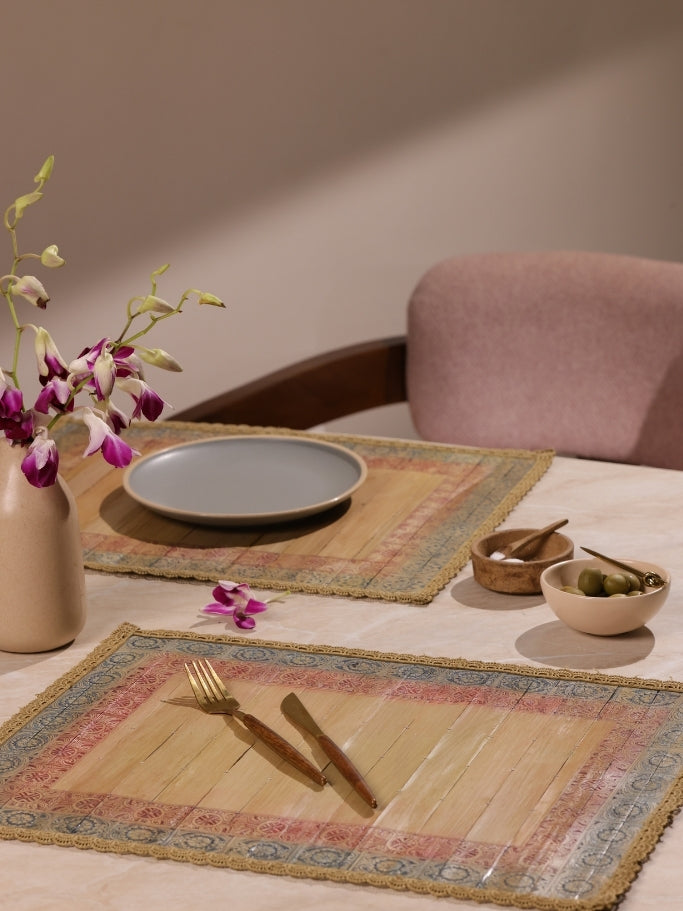 Palm Leaf Placemats with Hand Etched Colored Borders, Trimmed with Fine Lace.