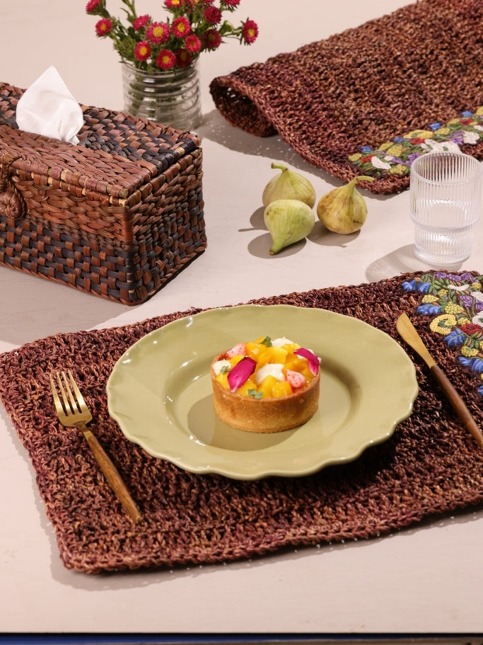 Banana Fiber Brown Placemats with Yellow Embroidery