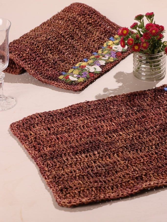 Banana Fiber Brown Placemats with Yellow Embroidery