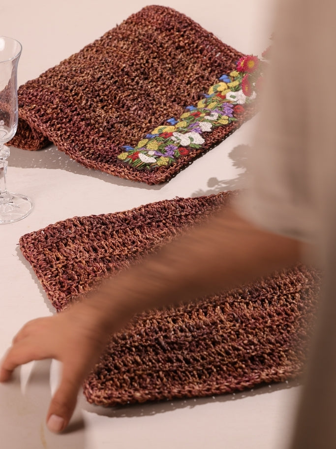 Banana Fiber Brown Placemats with Yellow Embroidery