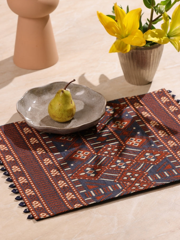 Handloom Placemats (Marron Print with Navy Blue Border with Pearl)