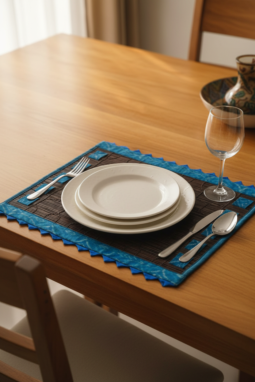 Bamboo Dark Brown Placemats with Aquarist Blue Border