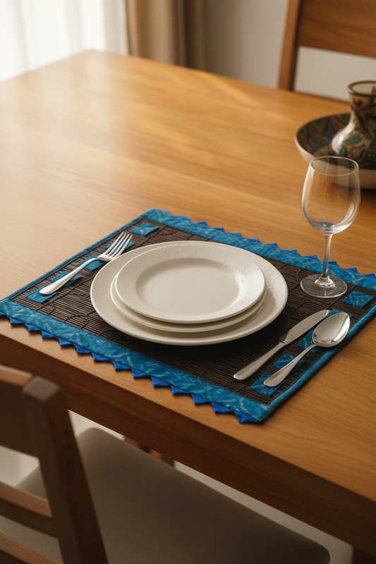 Bamboo Dark Brown Placemats with Aquarist Blue Border