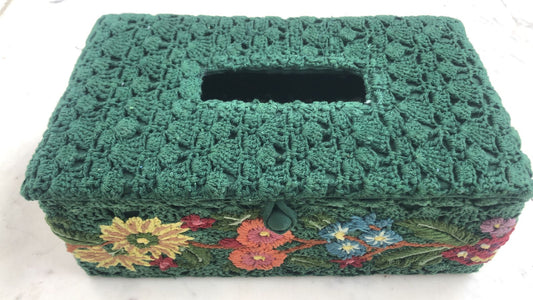 Crochet Tissue Box with Embroidery, Green Color