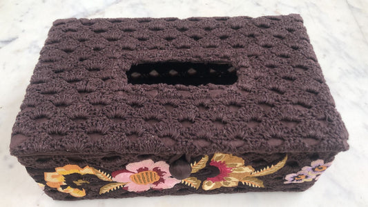 Crochet Tissue Box with Embroidery, Maroon Color