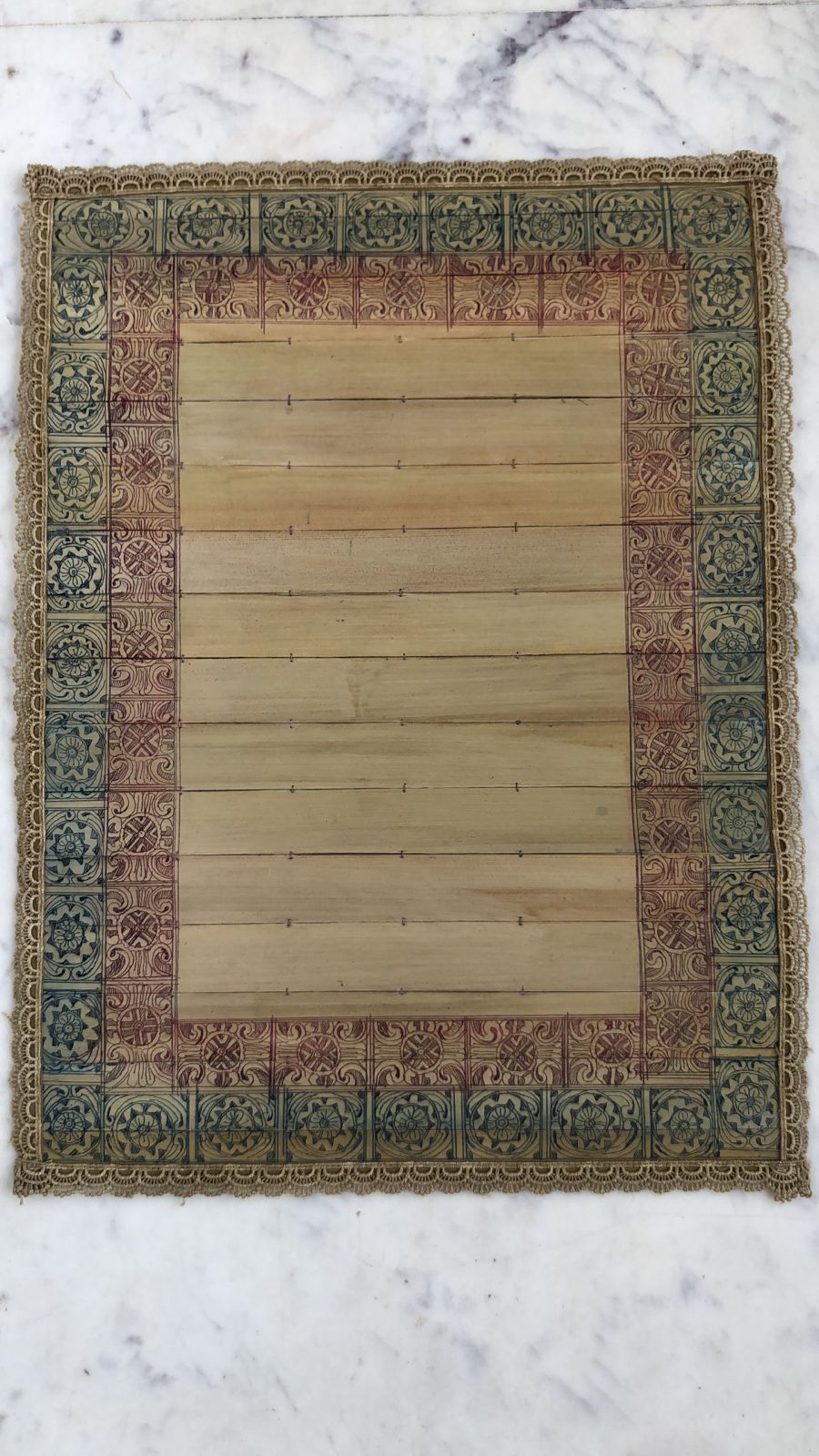 Palm Leaf Placemats with Hand Etched Colored Borders, Trimmed with Fine Lace.