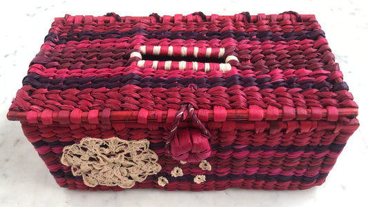 Handmade Water Reed's Tissue box with Delicate Crochet Embellishment, Red & Purple