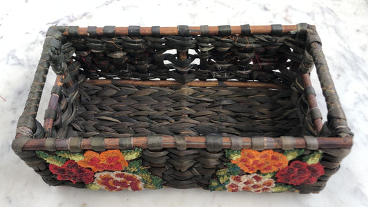 Water Reed Baskets with Floral Embroidery. Large Size Marron Color
