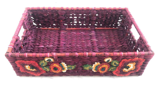 Water Reed Baskets with Floral Embroidery. Large Size Purple Color