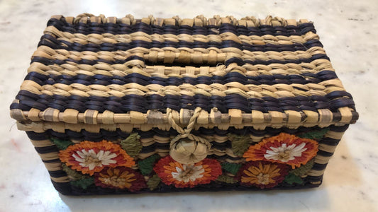 Handmade Water Reed's Tissue Box with Embroidery, Brown & Black Color