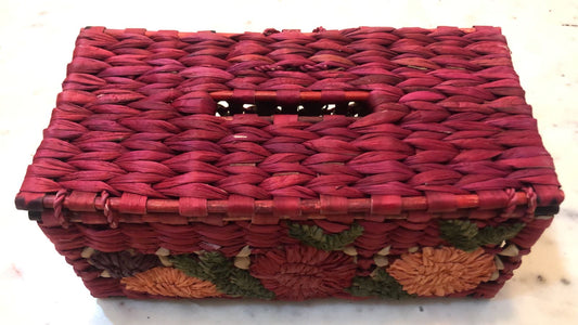 Handmade Water Reed's Tissue Box with Embroidery, Red Color